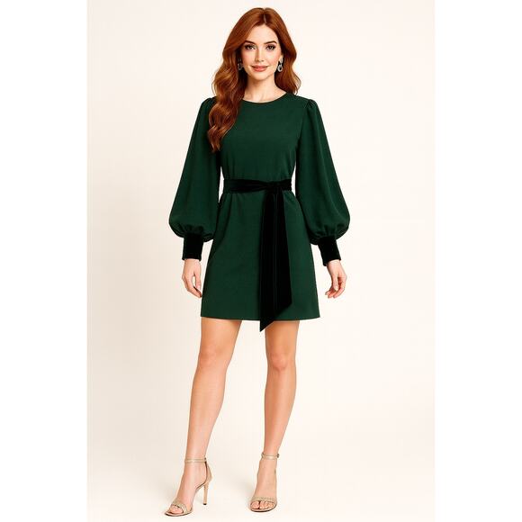 Badgley Mischka Dresses & Skirts - Belle Badgley Mischka Green Dress with Velvet Cuffs and Belt - Size 12